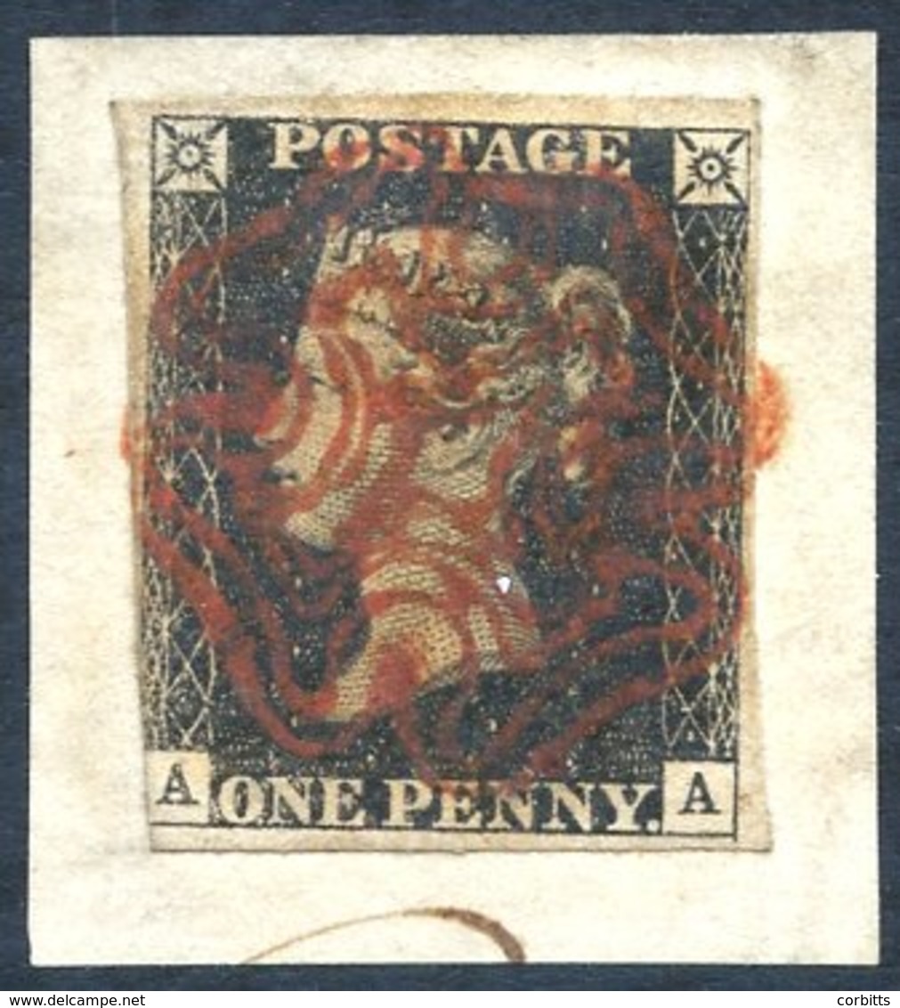 Plate 4 AA, Three Good Margins, Left Side Cut Into, Tied By A Small Piece By A Very Fine Double Lined Red MC, Associated - Autres & Non Classés