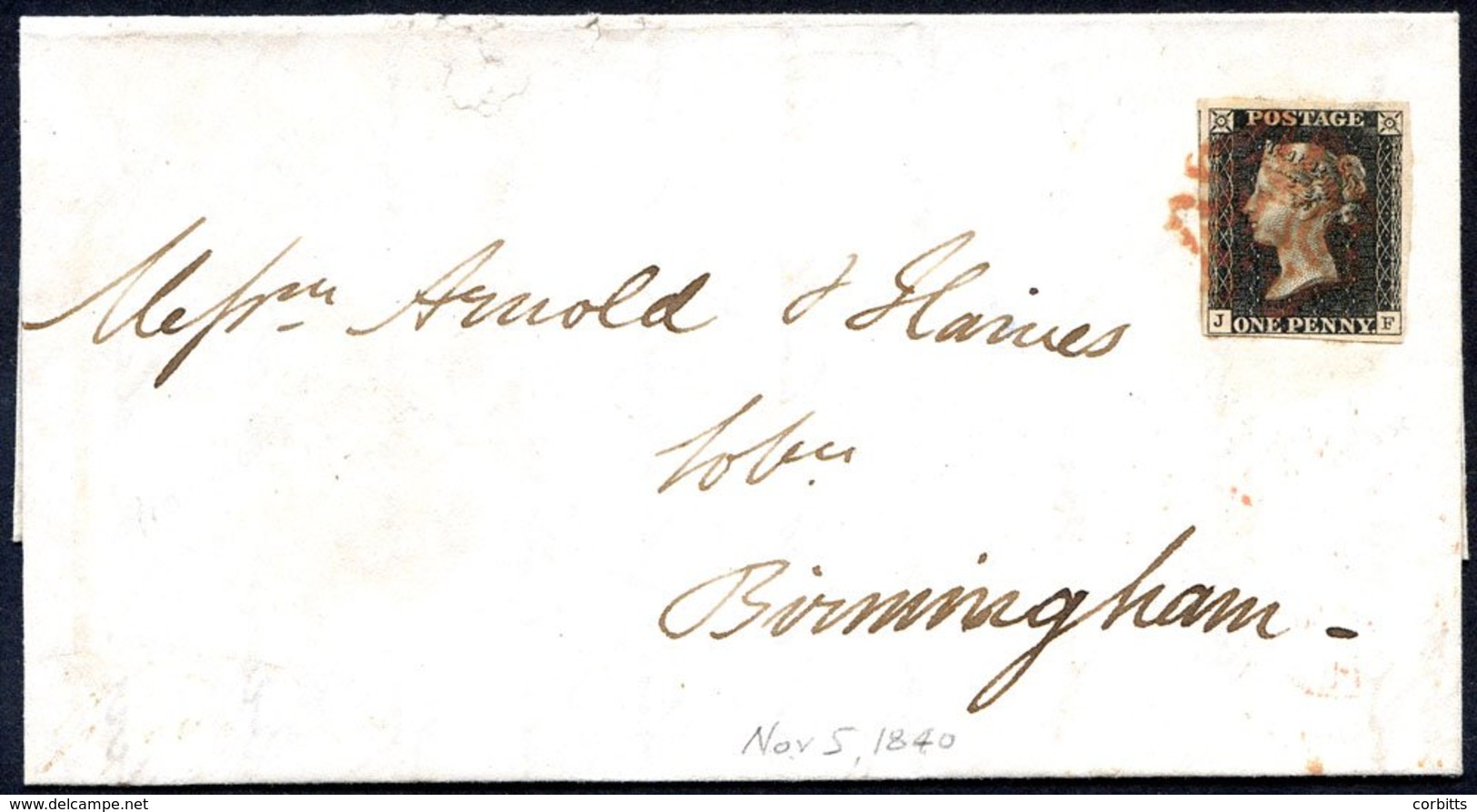 1840 Nov 5th Cover From Nottingham To Birmingham Franked Pl.4 JF, Good To Large Margins, Tied Red MC, Reverse Birmingham - Sonstige & Ohne Zuordnung