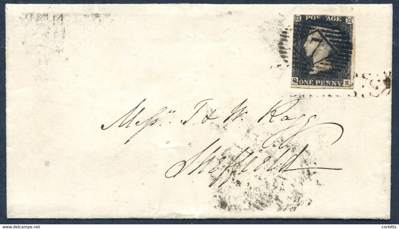 1844 July 17th Cover From London To Sheffield Franked Pl.4 QK, Three Good Margins, Cut Close Left Side Just Into Design  - Sonstige & Ohne Zuordnung