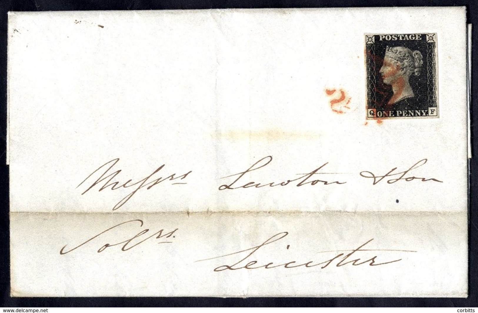 1840 Dec 3rd Cover To Leicester, Franked Pl.5 QF, Four Margin Example Tied Red MC. - Other & Unclassified