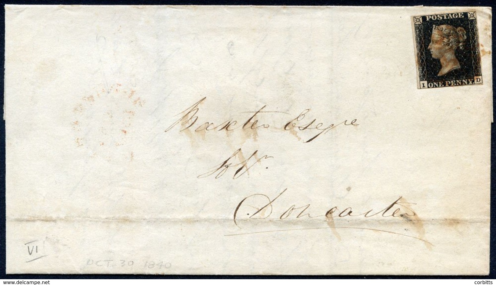 1840 Oct 30th Cover From Huddersfield To Doncaster Franked Pl.6 Left ID Three Clear To Good Margins, Close Cut At Base,  - Autres & Non Classés