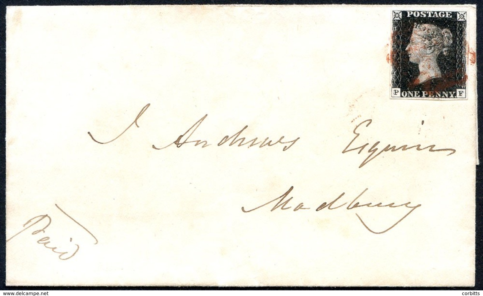 1840 Cover From Kingsbridge To Modbury (Devon), Franked Plate 6 PF With Four Good Margins, Tied Red MC, Reverse Bears Ki - Sonstige & Ohne Zuordnung