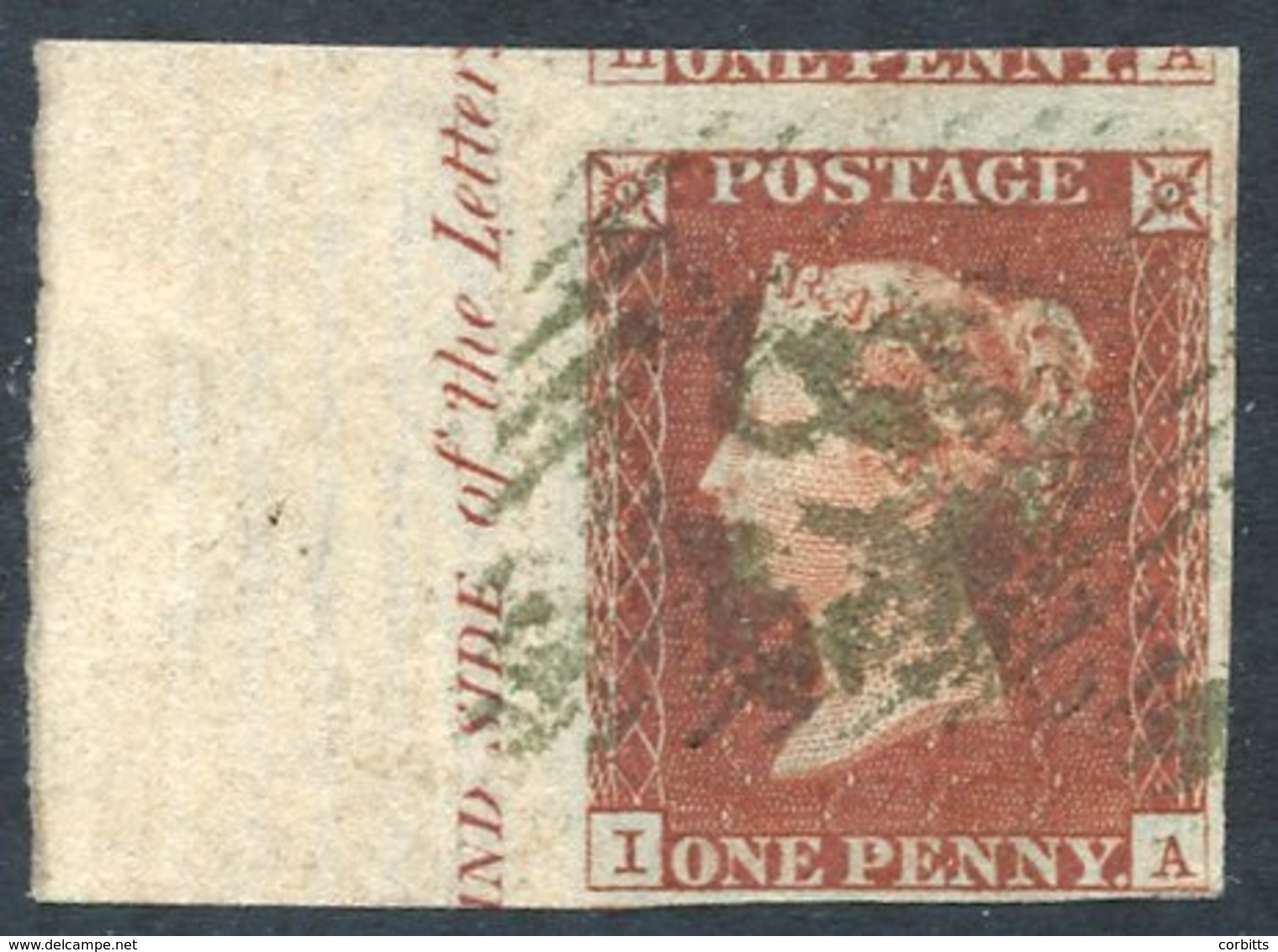 1841 1d Red Brown Pl.57 IA, Full Marginal Inscription Example With Green Irish Numeral Cancel, Portion Of Adjoining Stam - Other & Unclassified