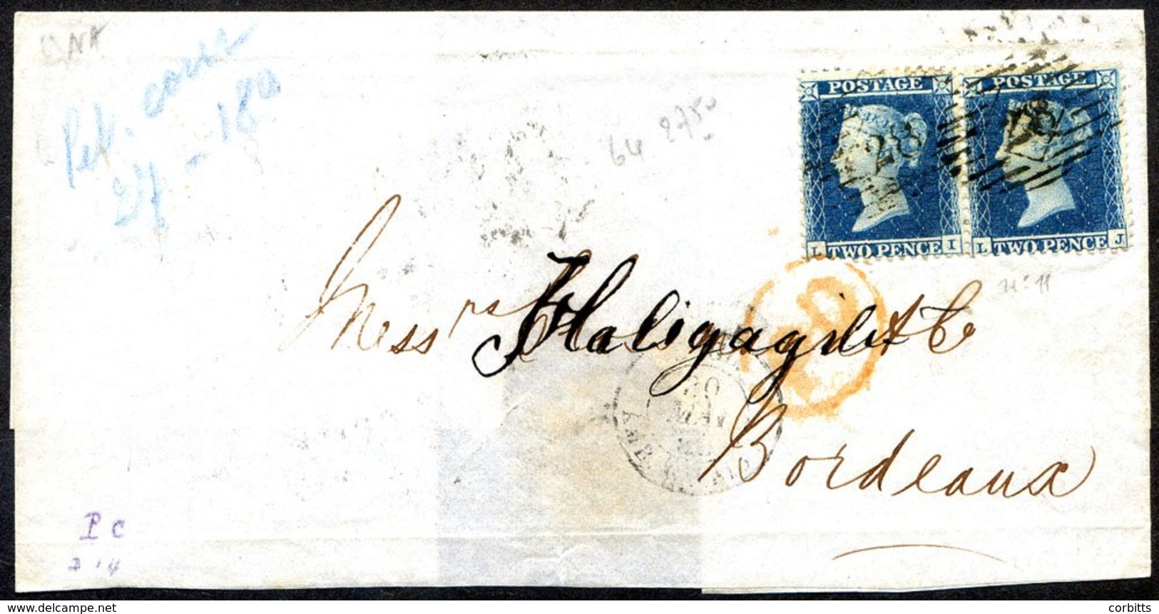 1853 Part Cover Addressed To Bordeaux Franked 2d Blue Pl. 4 LI/LJ Horizontal Pair Tied By Barred Oval London Numeral '28 - Other & Unclassified