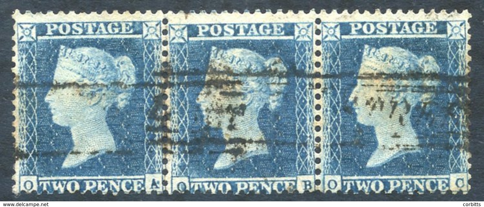 1855 Small Crown P.14 2d Blue Pl.4 OA/OC Horizontal Strip Of Three, Good U With Scots Local Cancel. SG.23 - Other & Unclassified
