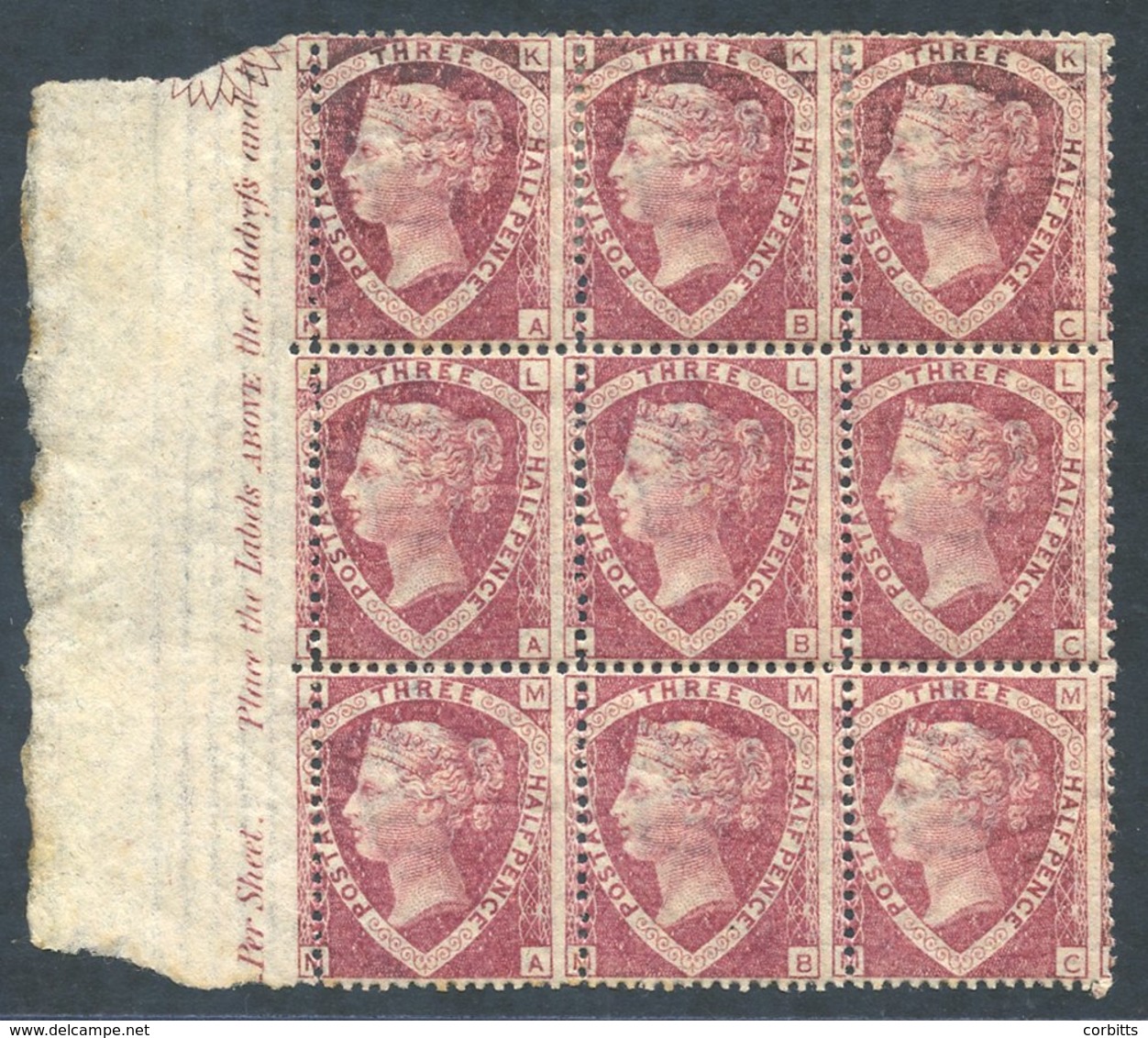 1870 1½d Lake Red P.3, Fresh M Left Side Marginal Block Of Nine KA/MC Showing Marginal Inscription 'Per Sheet. Place The - Autres & Non Classés