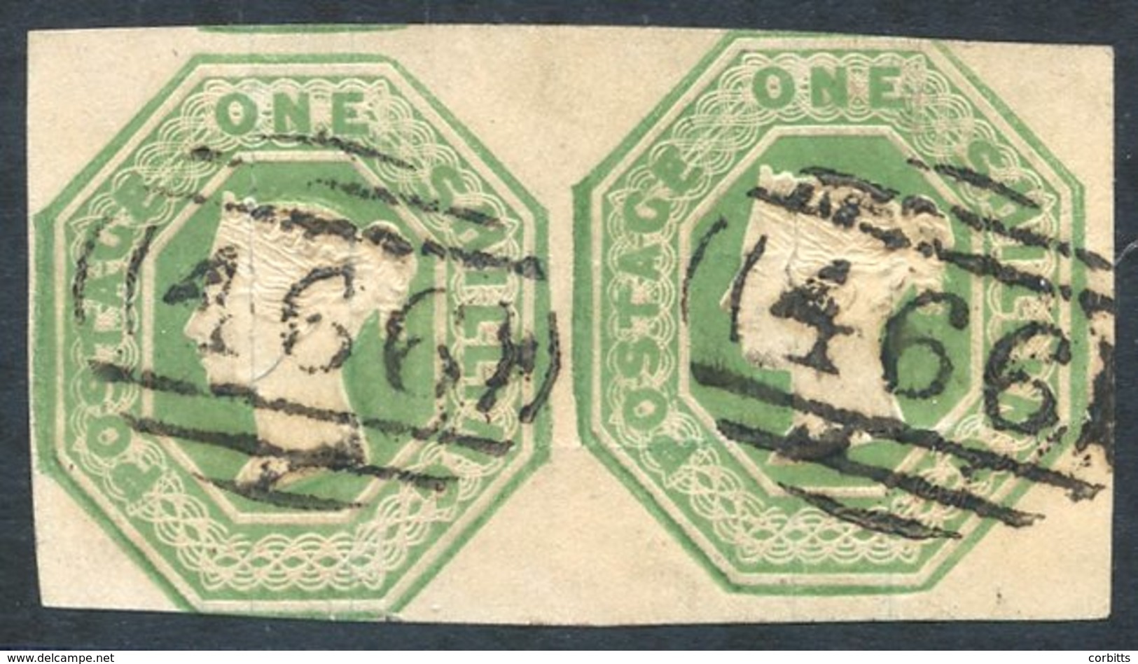 1847-54 1s Green Fine Looking Horizontal Pair Each With A Superb Barred Oval Numeral '466' For Liverpool, Touching To La - Other & Unclassified