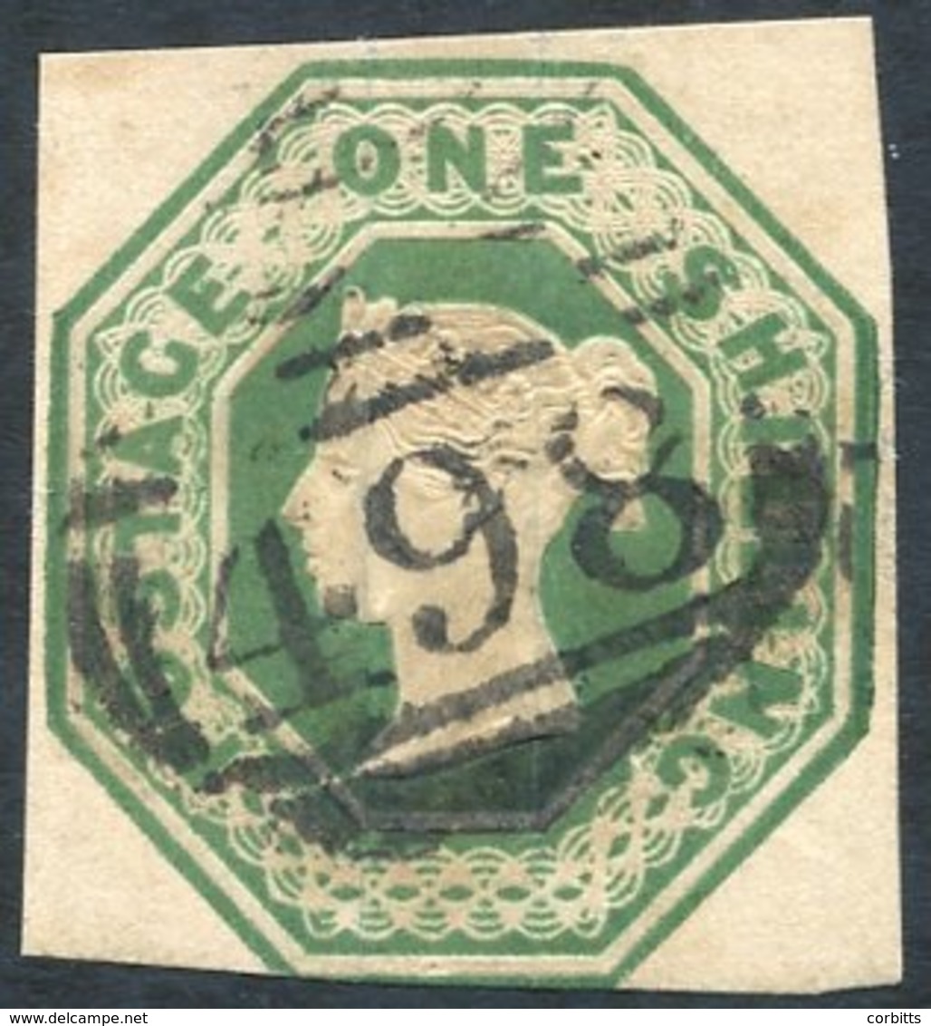 1847-54 1s Green Three Clear Margins, Touching At Base With Barred Oval Numeral 498 For Manchester. SG.55. - Autres & Non Classés