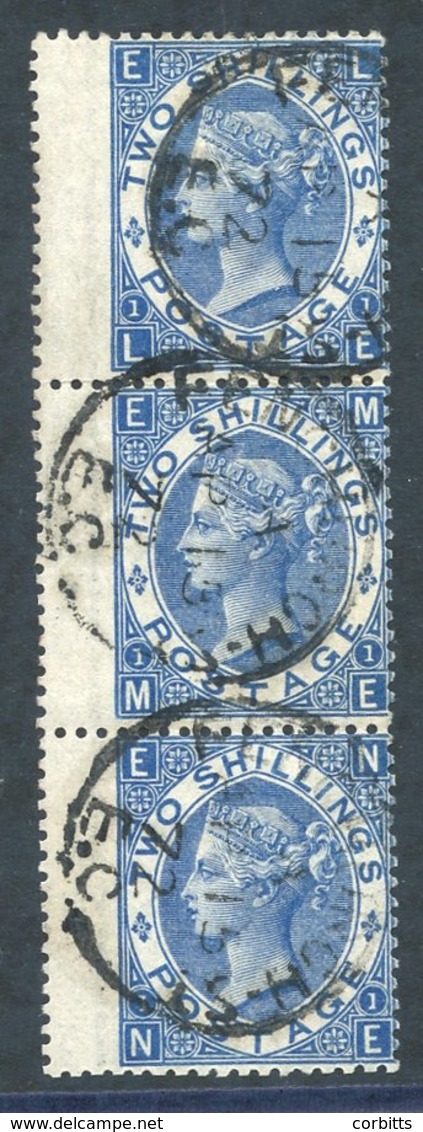 1867-80 2s Deep Blue LE/NE Wing Marginal Vertical Strip Of Three Each Cancelled By A Fenchurch St/Ap.15/72 Cds. SG.119. - Sonstige & Ohne Zuordnung