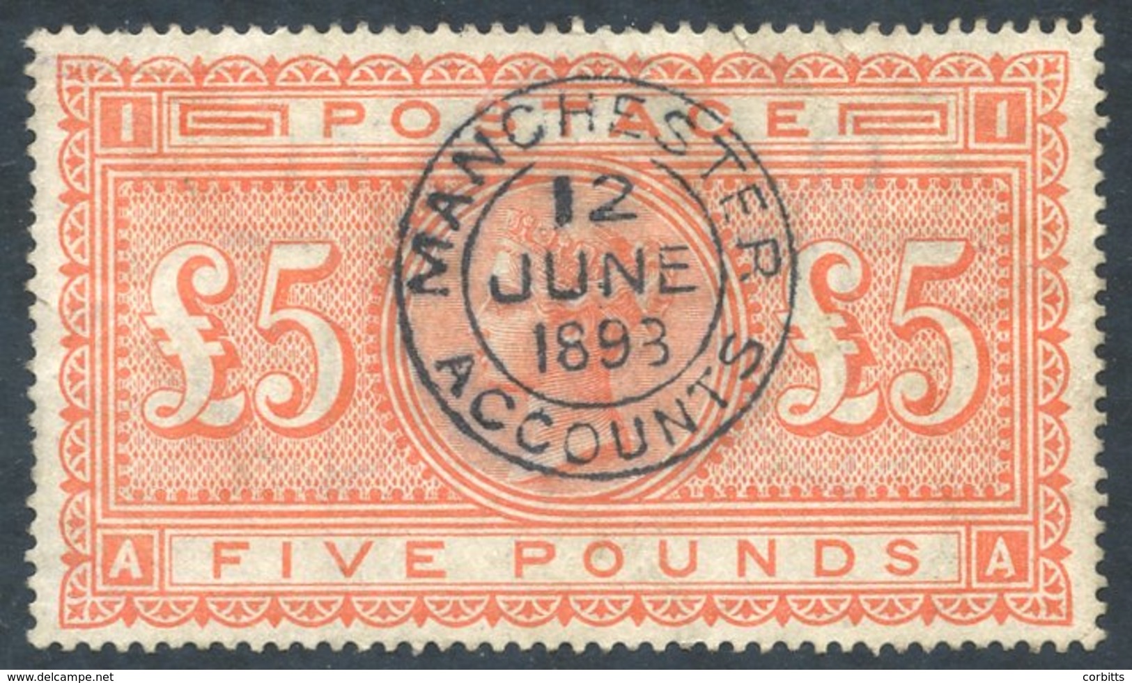 1867-83 £5 Orange Superb Used With An Upright Strike Of The Manchester Accounts Double Ring C.d.s. For 12th June 1893, S - Sonstige & Ohne Zuordnung