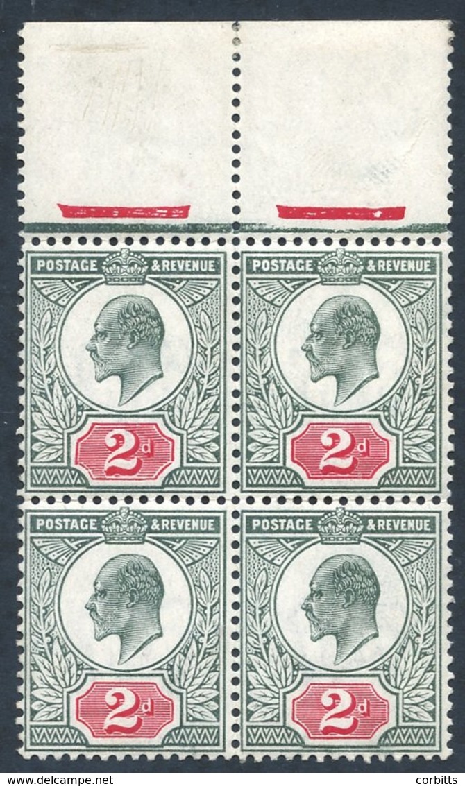 1906 Chalky Paper 2d Pale Grey-green & Carmine Red (SG.227), Top Marginal Block Of 4 With Upper Left Stamp Showing The V - Sonstige & Ohne Zuordnung