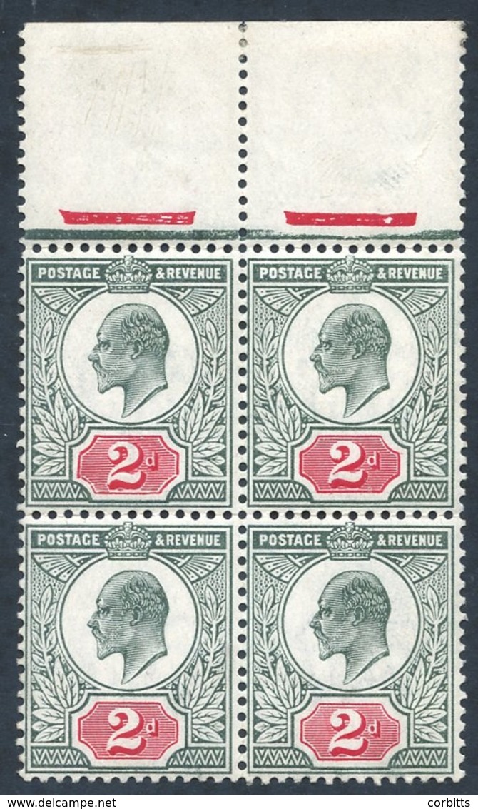 1906 Chalky Paper 2d Pale Grey-green & Carmine Red (SG.227), Top Marginal Block Of 4 With Upper Left Stamp Showing The V - Otros & Sin Clasificación