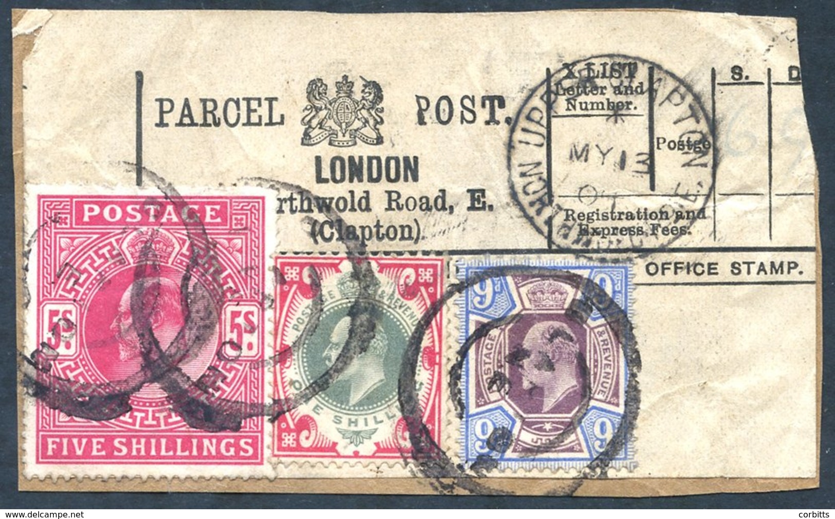 1904 LONDON (Clapton) Parcel Post Labels With 5s Bright Carmine Plus 9d & 1s Values Making 6/9d, Dated My.13.04. Scarce  - Autres & Non Classés