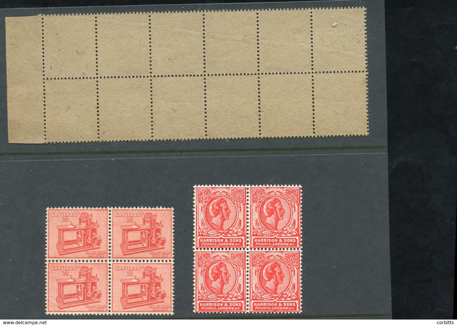 1911-12 Perforation Trials P. 15 X 14 Marginal Block Of 12 On Thick Card, Grover C Co Ltd  Block Of Four In Red & Harris - Autres & Non Classés