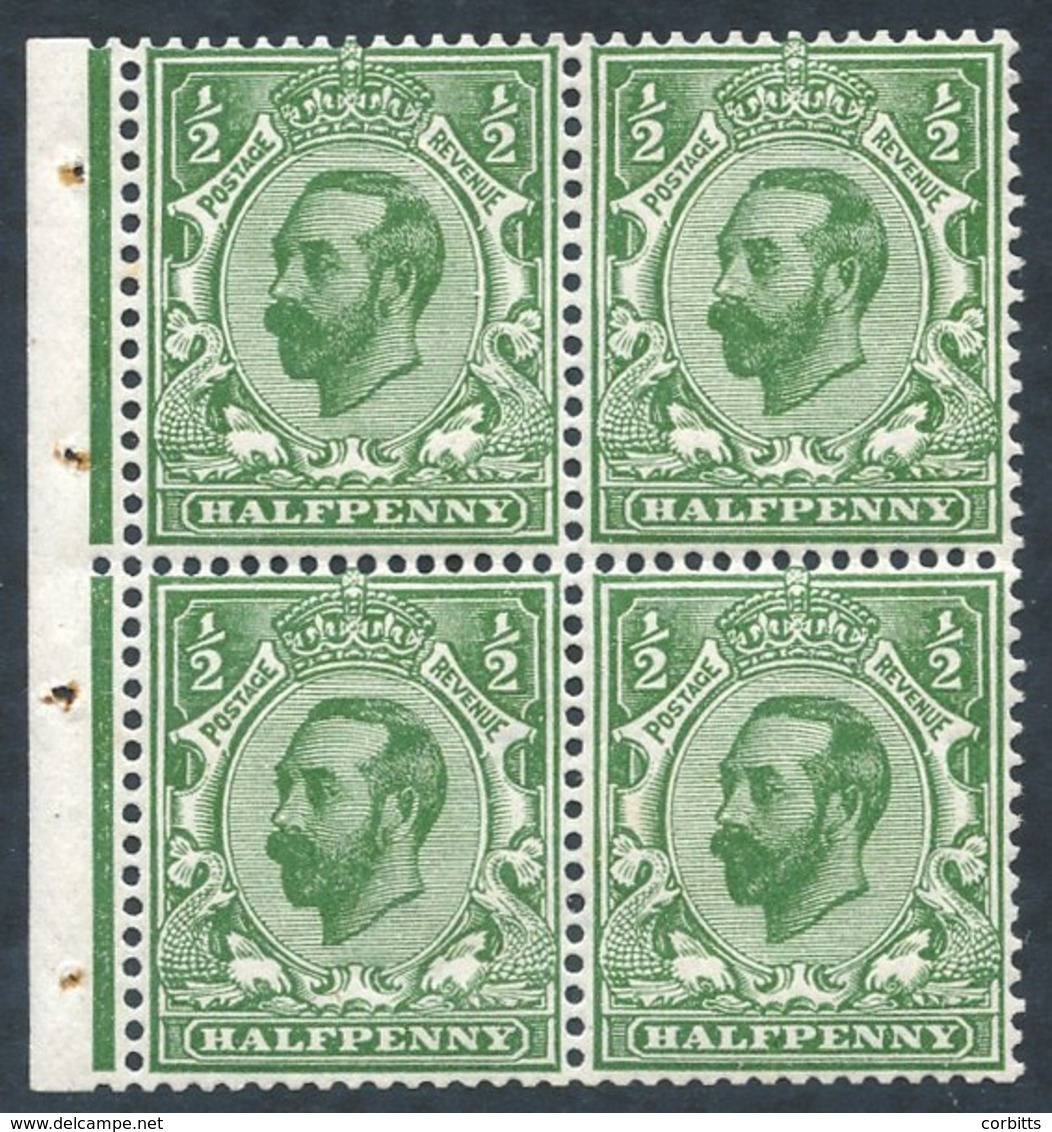 1912 Wmk Royal Cypher ½d Green Ex Booklet Pane Block Of Four (with Binding Margin) WMK. INVERTED M (3 X UM) Good Perfs;  - Autres & Non Classés