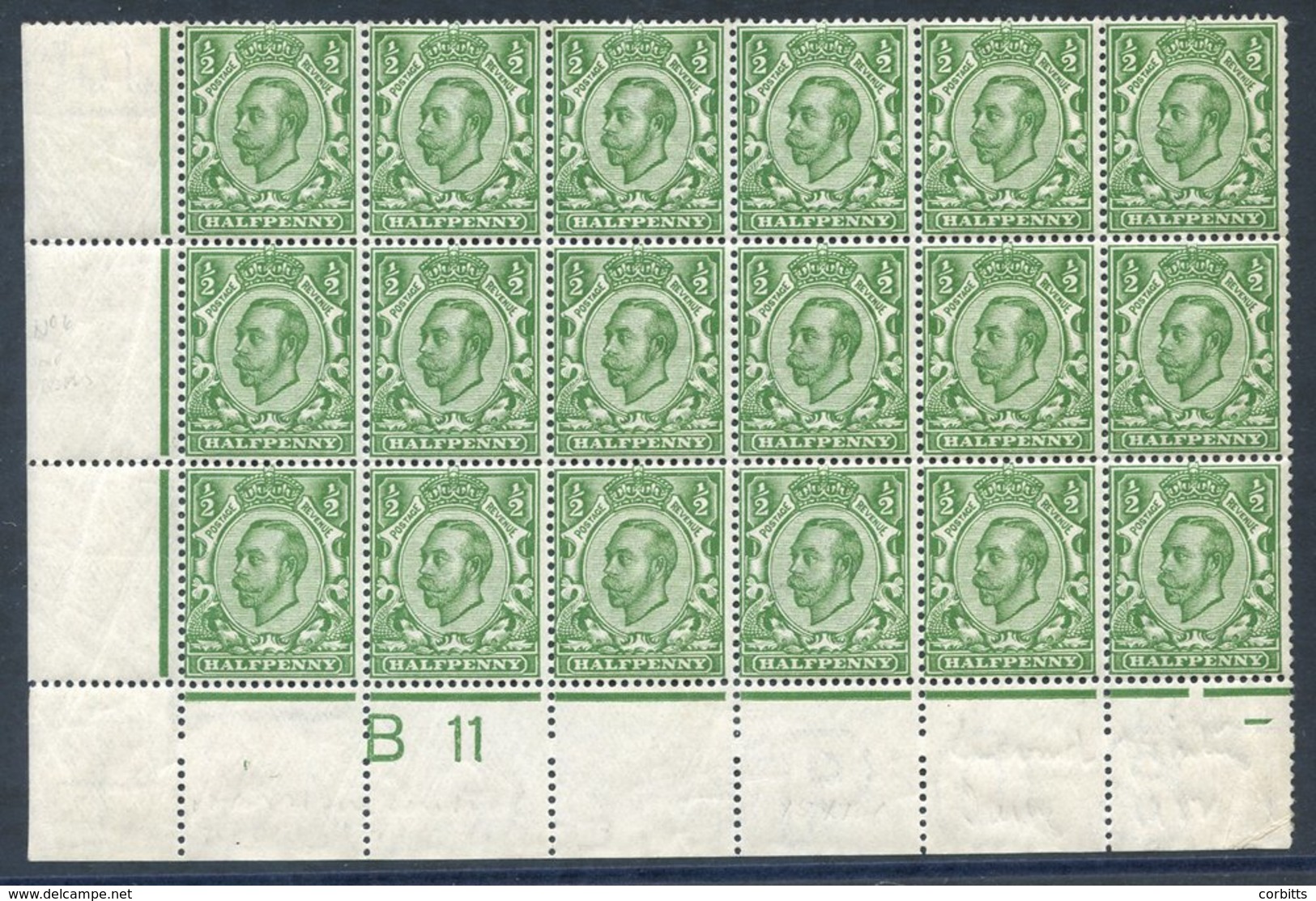 1912 Wmk Imperial Crown ½d Green Corner Marginal UM Control (B11 Perf) BLOCK OF 18 Incl. Variety No Cross On Crown, SG.3 - Autres & Non Classés