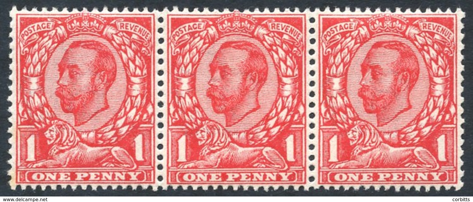 1912 Wmk Imperial Crown 1d Bright Scarlet UM Strip Of Three With Right Hand Stamp Showing Variety NO CROSS ON CROWN, Lef - Other & Unclassified