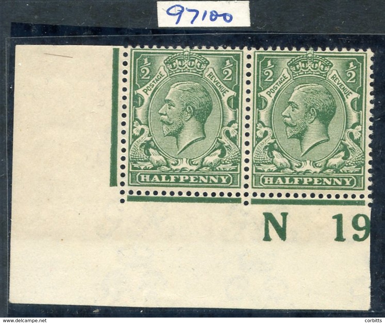 1912 ½d Deep Blue ('Myrtle') Green Corner Marginal Control (N 19 Imperf) Pair UM - Gum Toned. Spec N14 (16), Clear RPS C - Other & Unclassified