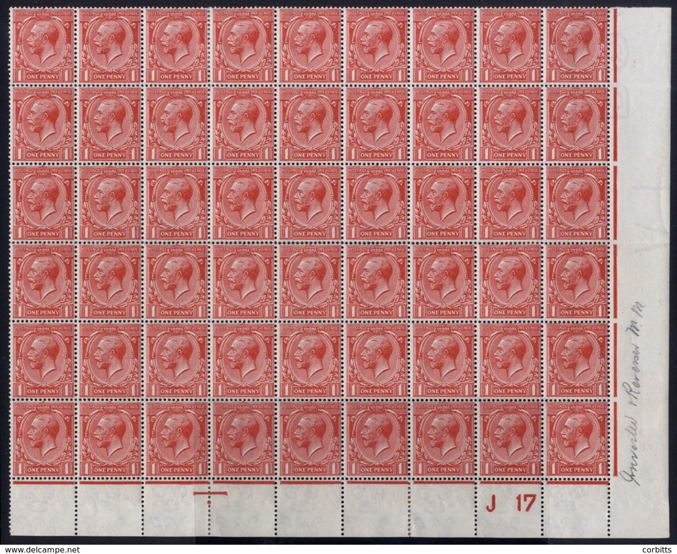 1912 Royal Cypher 1d Bright Scarlet Wmk Inverted & Reversed Superb UM (3 X Mounted) 'J 17' Control Block Of 54, (some Pe - Sonstige & Ohne Zuordnung