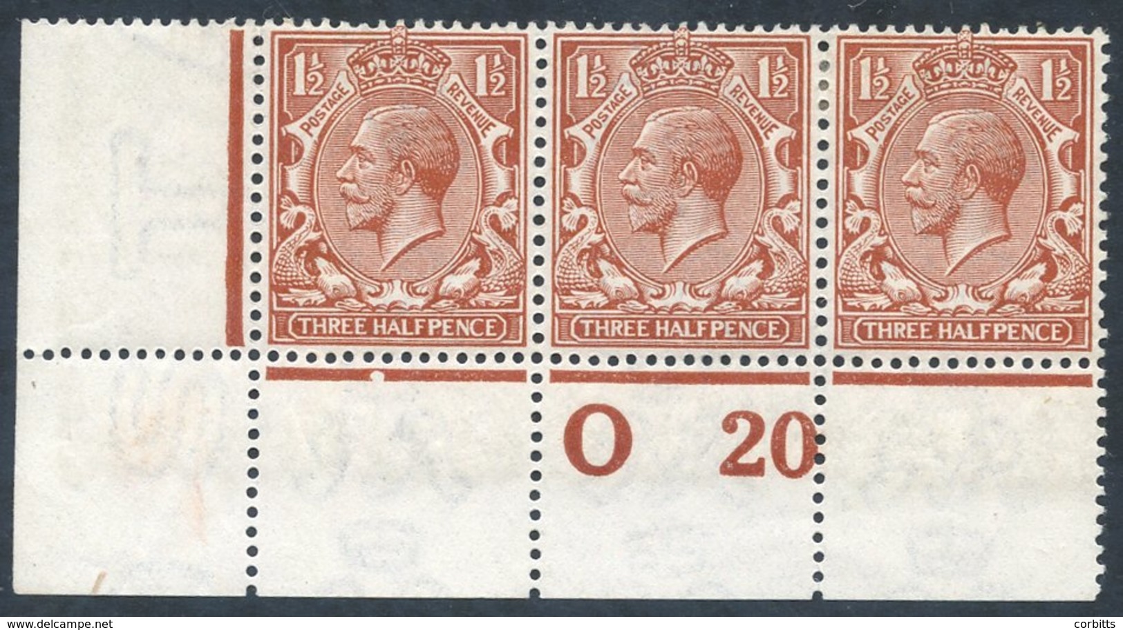 1912 1½d Bright Orange Brown Control 020(p) Corner Marginal M, Strip Of Three, Spec N18 (16). RPS Cert (1974) Cat. £180+ - Other & Unclassified