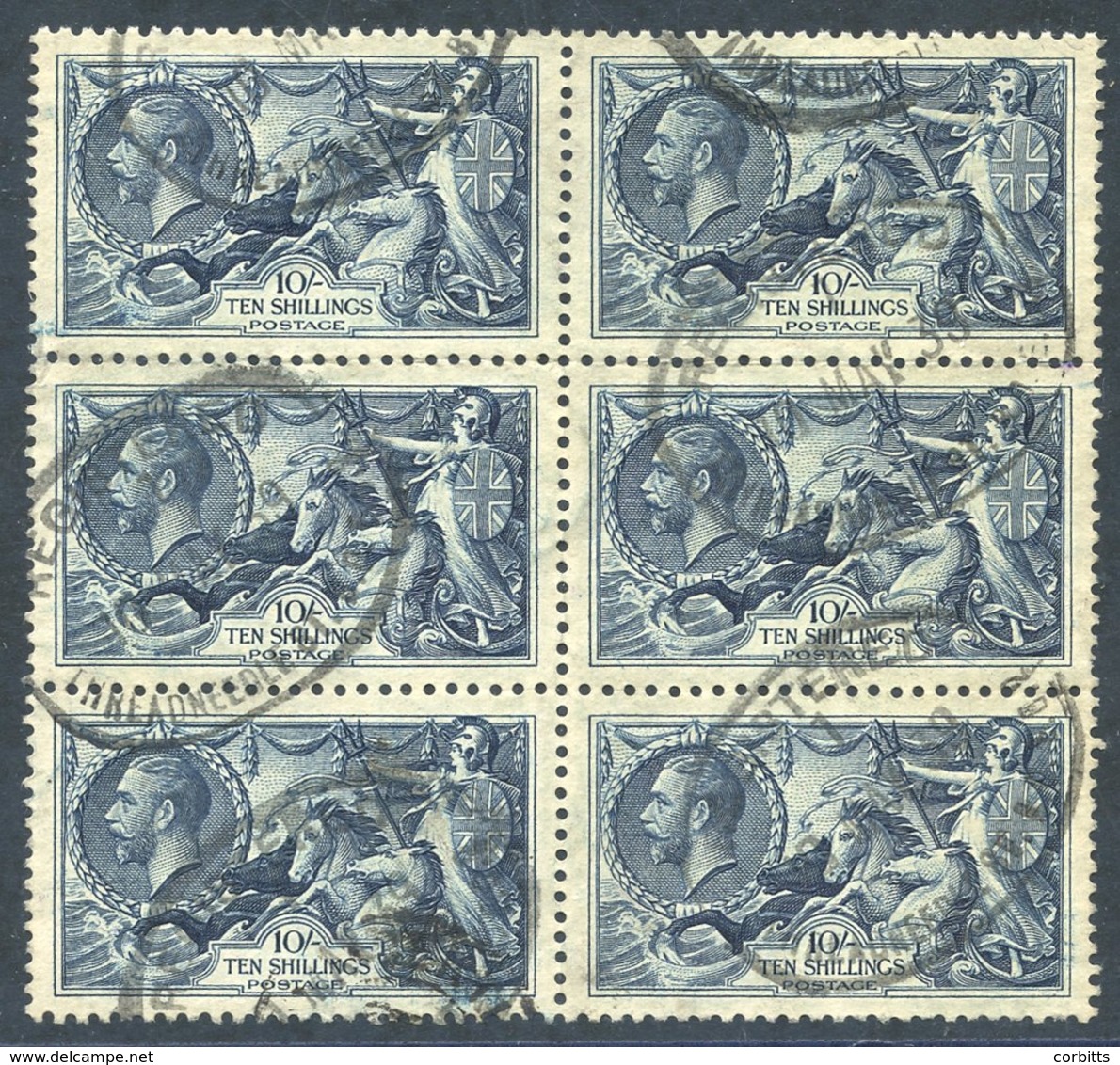 1934 Re-engraved 10s Indigo VFU Block Of Six, Each Cancelled By Fine Threadneedle St. Oval Registered D/stamps, SG.452.  - Other & Unclassified