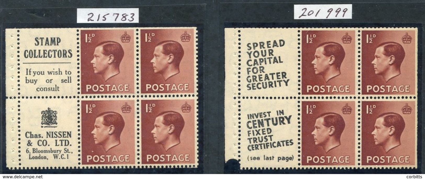 1936 1½d Booklet Pane Of Four Plus Two Labels Showing Adverts (11) 'STAMP COLLECTORS' & Ad (13) 'SPREAD YOUR CAPITAL', B - Other & Unclassified