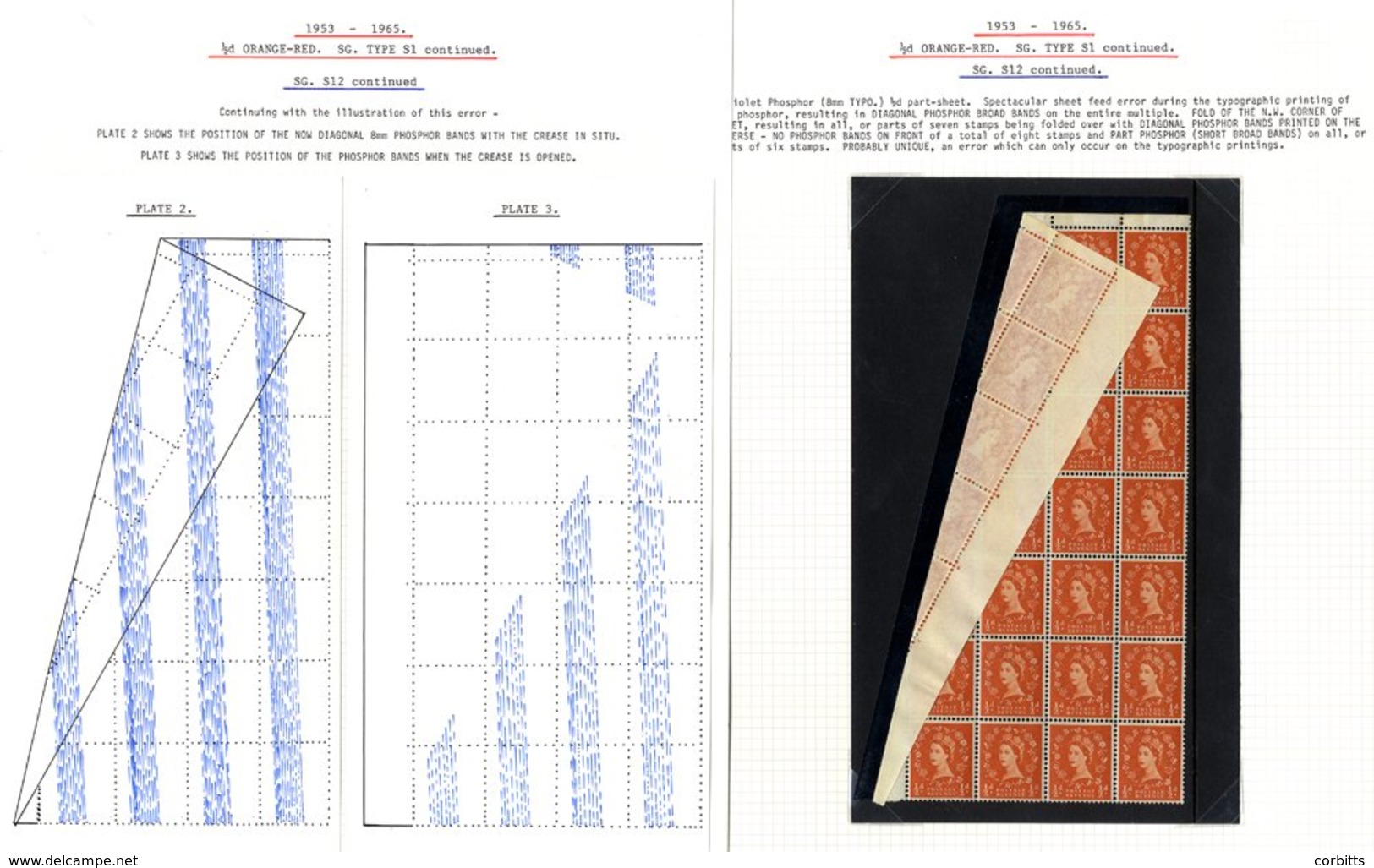 1960-67 Mult Crowns Phos ½d Orange Red SG.610, Upper Left Corner Marginal Block Of 28 Showing FOLD OF THE N.W. CORNER OF - Autres & Non Classés