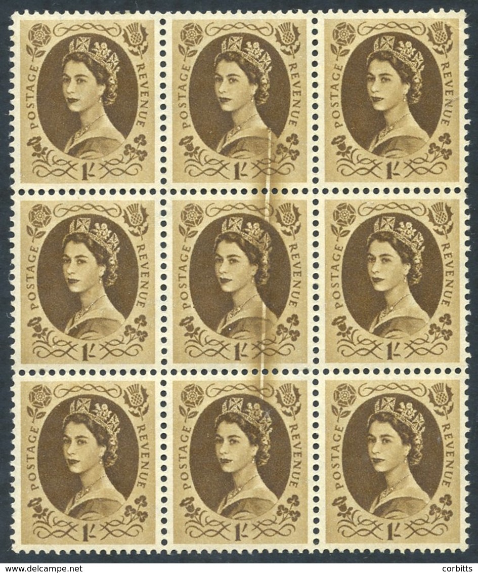 1958 Multiple Crowns 1s Bistre Brown UM BLOCK OF NINE Showing Variety Of Doctor Blade Flaw, Affecting Three Central Stam - Autres & Non Classés