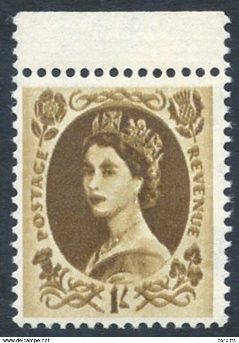 1958 Multiple Crowns 1s Bistre Brown DOUBLE IMPRESSION Top Marginal UM, Spec S138a (SG. 584). Cat. £275 - Other & Unclassified