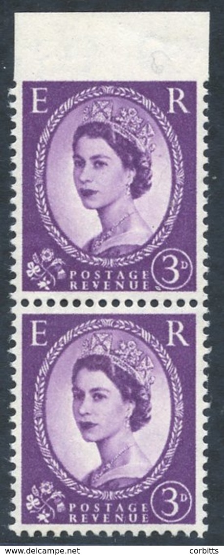 1958 Wmk. Multiple Crowns 3d Deep Lilac Variety IMPERFORATE BETWEEN STAMP & TOP MARGIN UM, Vertical Pair, Spec S70c, SG. - Other & Unclassified