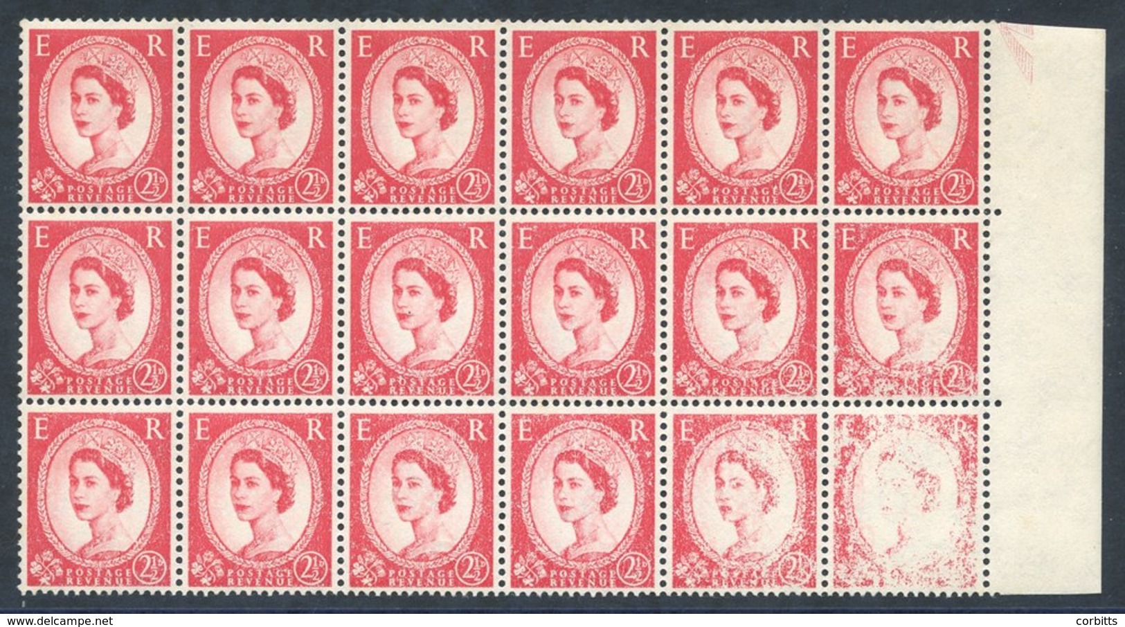 1959 Multiple Crowns 2½d Carmine Red On UM Right Side Marginal Block Of 18 Showing Superb 'dry Print' Progressively Affe - Other & Unclassified