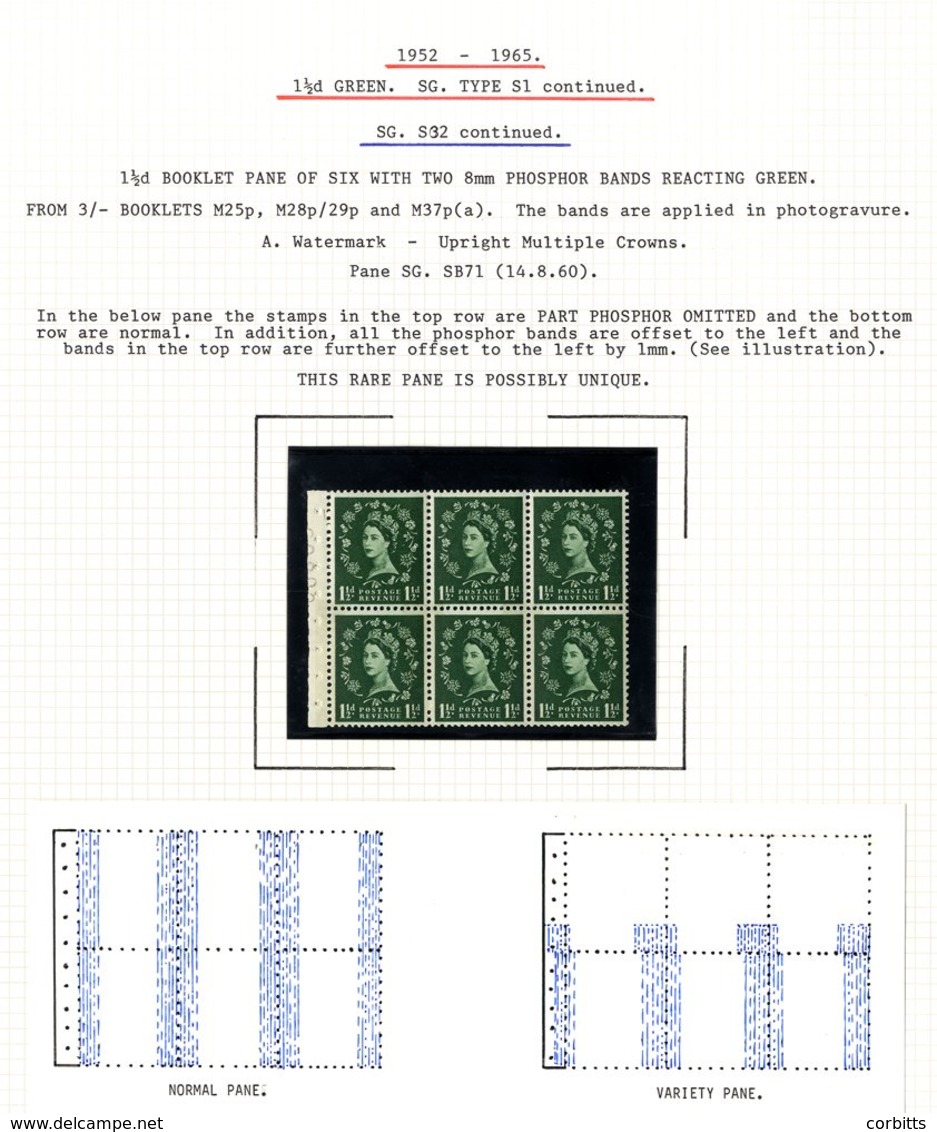 1960 Multiple Crowns Phosphor 1½d Green UM Booklet Pane Of Six With Variety - The Stamps In The Top Row Are Part Phospho - Other & Unclassified