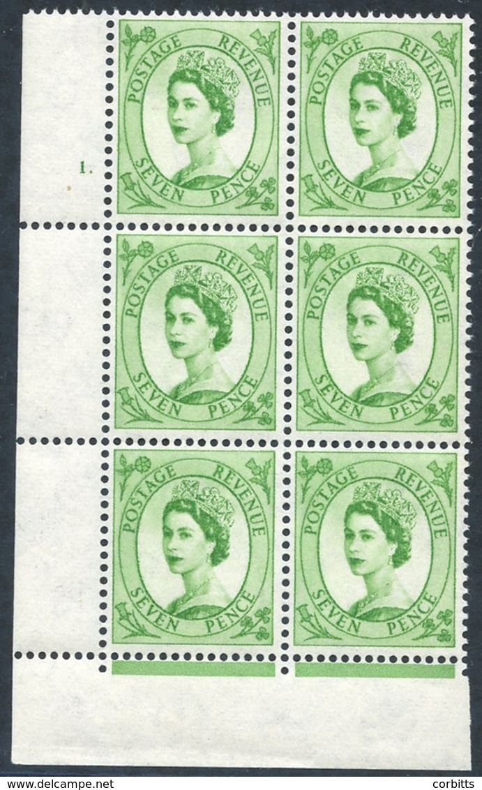 1967 Multiple Crowns Phosphor 'violet Bands' 7d Bright Green Cyl. No 1 Dot UM Block Of Six, Perf. F(L) Variety PHOSPHOR  - Autres & Non Classés