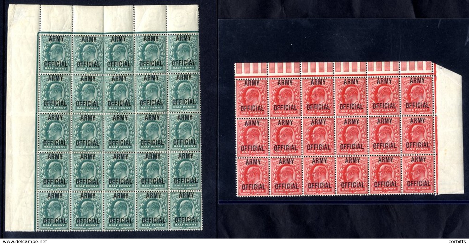 ARMY OFFICIAL 1902-03 ½d Blue Green Upper Left Corner Marginal UM Block Of 20 (single Stamp Thinned), 1d Scarlet Margina - Other & Unclassified