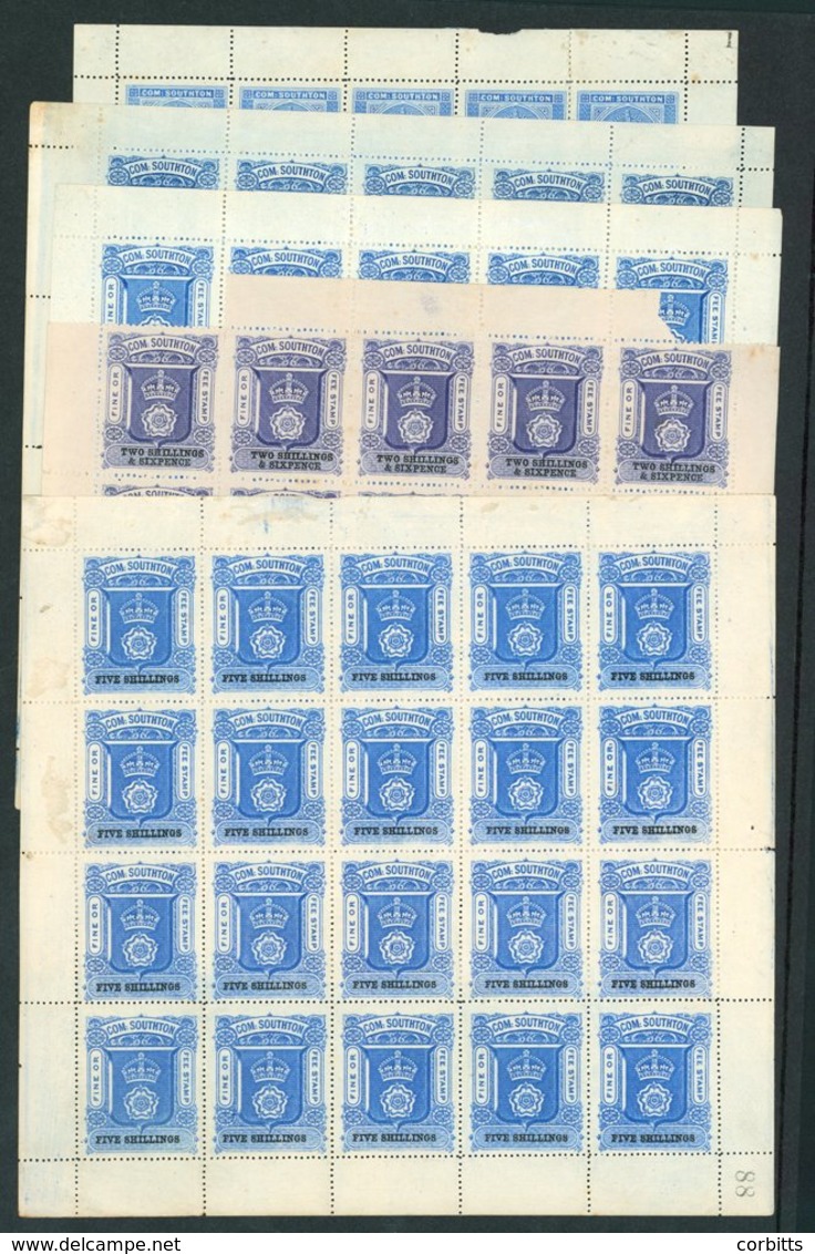 SOUTHAMPTON 1880 County Court Fees 6d, 1s, 2s, 2/6d & 5s, Each In A Complete M Sheet Of Twenty With Full Margins (2/6d W - Autres & Non Classés