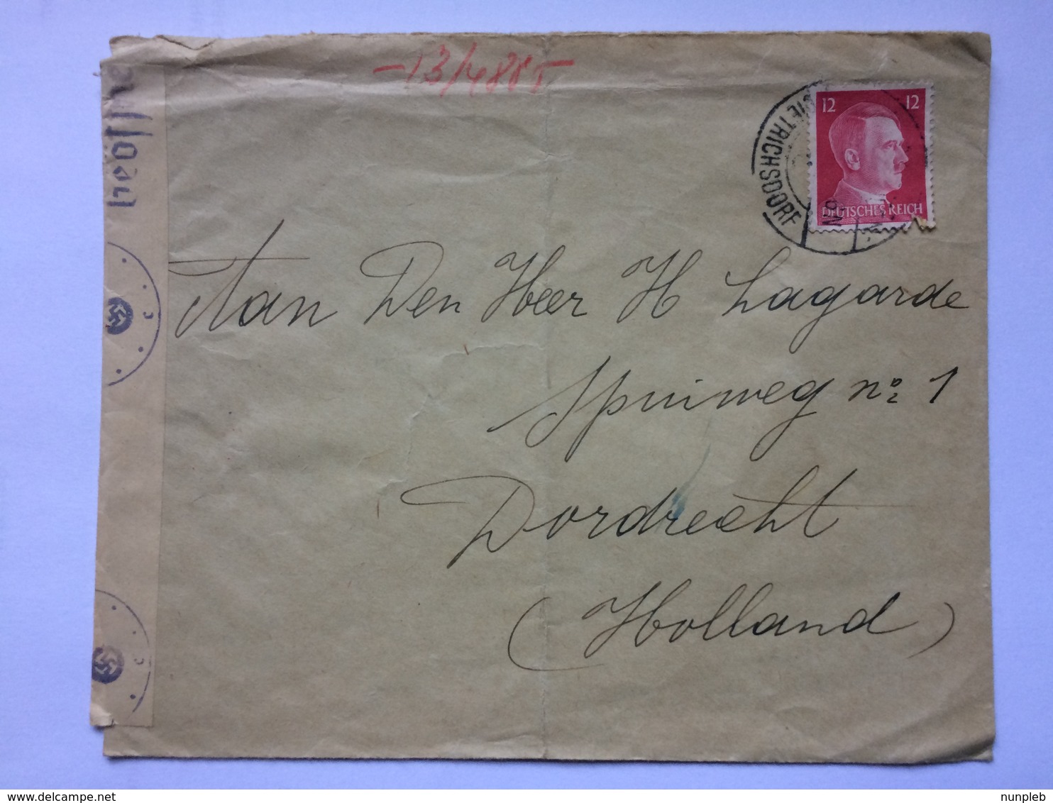 GERMANY Cover Dietrichsdorf To Dordrecht Netherlands With Censor Marks And Tape - Covers & Documents