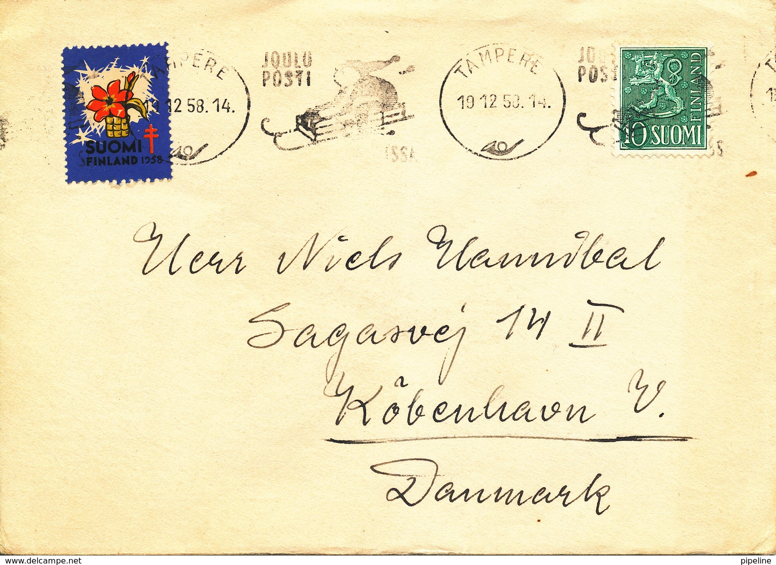 Finland Cover Sent To Denmark Tampere 19-12-1958 Single Franked + Christmas Seal And Cancel - Covers & Documents
