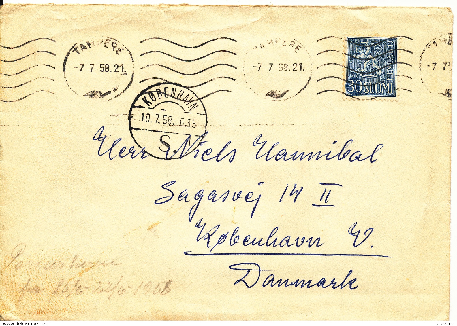 Finland Cover Sent To Denmark Tampere 7-7-1958 Single Franked - Covers & Documents