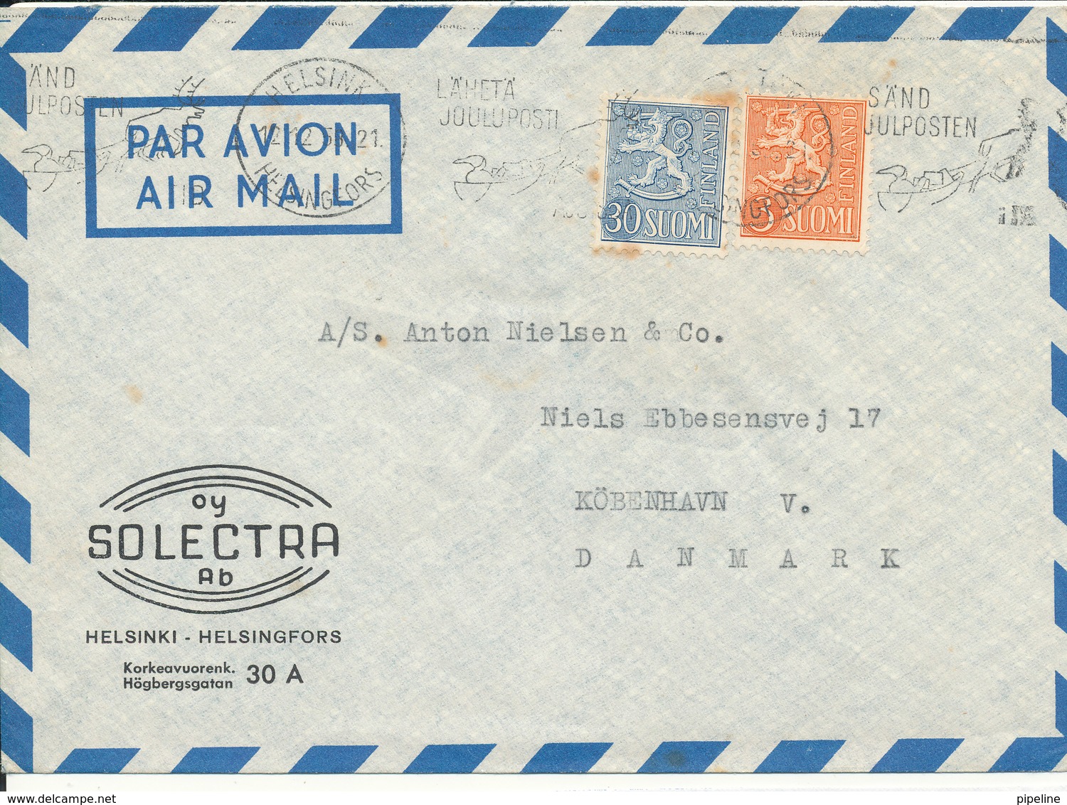 Finland Air Mail Cover Sent To Denmark 12-12-1958 - Storia Postale