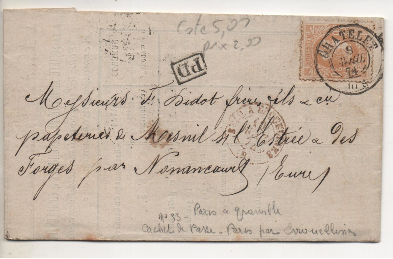 De CHATELINEAU Par MARCINELLE ET COUILLET, En FRANCE Par ERQUELINES, Pour NONENCOURT (Eure) Cachet PARIS à GRANVILLE - 1869-1883 Leopoldo II