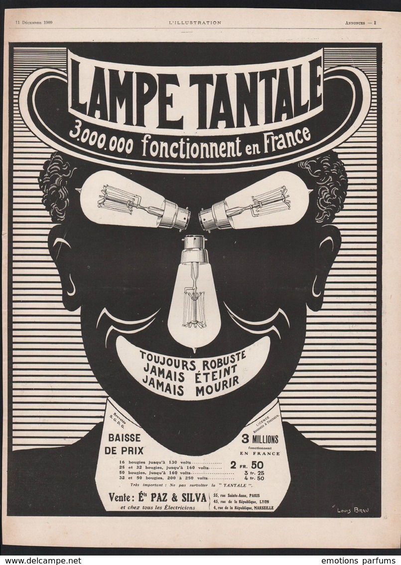 Pub Papier 1909 Lampe Tantale Ampoule Paz Et Silva Louis Brau - Publicités