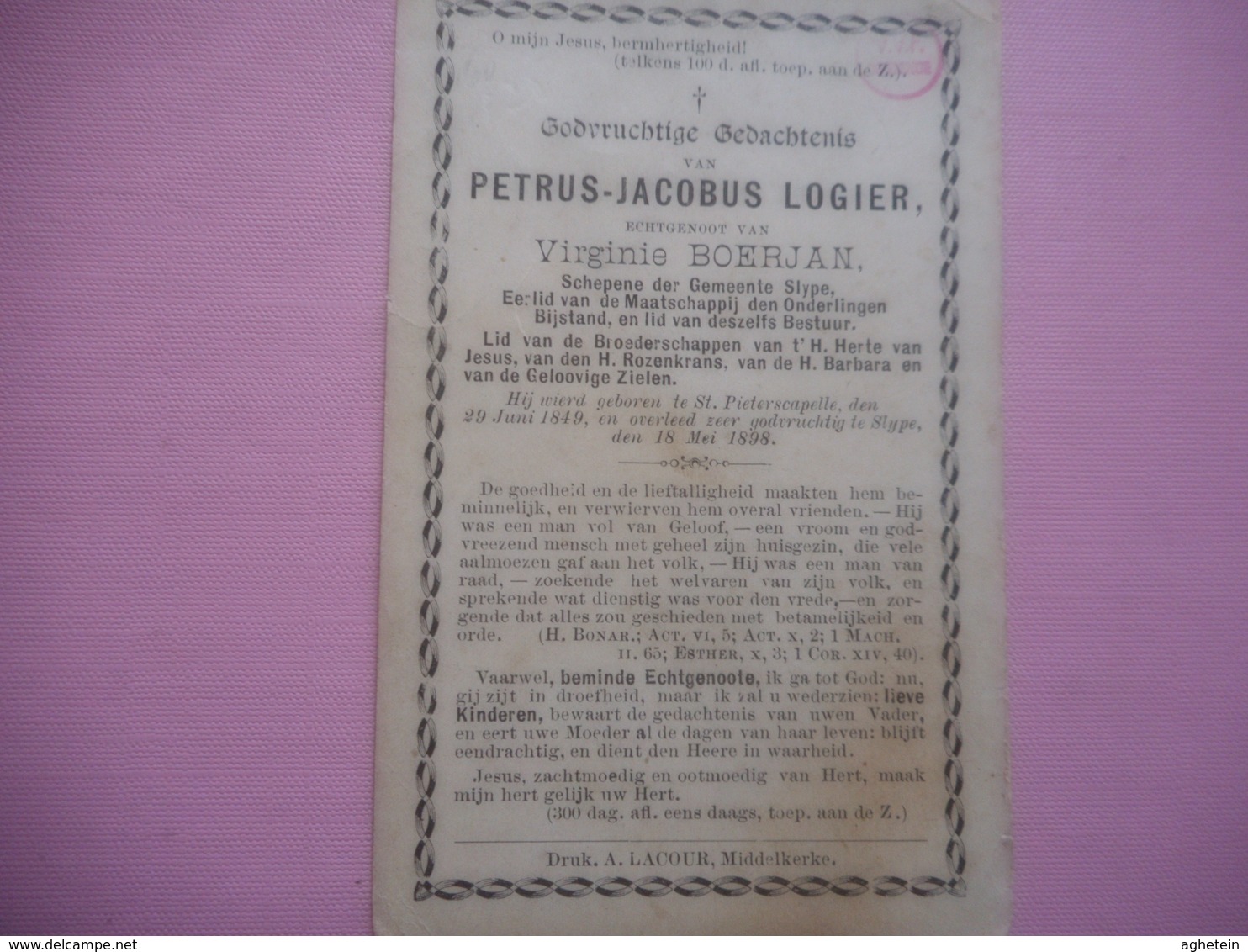 D.P.-PETRUS-JAC.LOGIER°ST.PIETERSCAPELLE 29-6-1849+SLYPR 18-5-1898 - Religion & Esotérisme