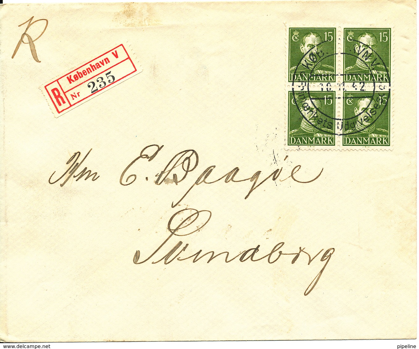 Denmark Registered FDC 10-11-1942 Chr.X 15 öre Green In Block Of 4 With Address - FDC