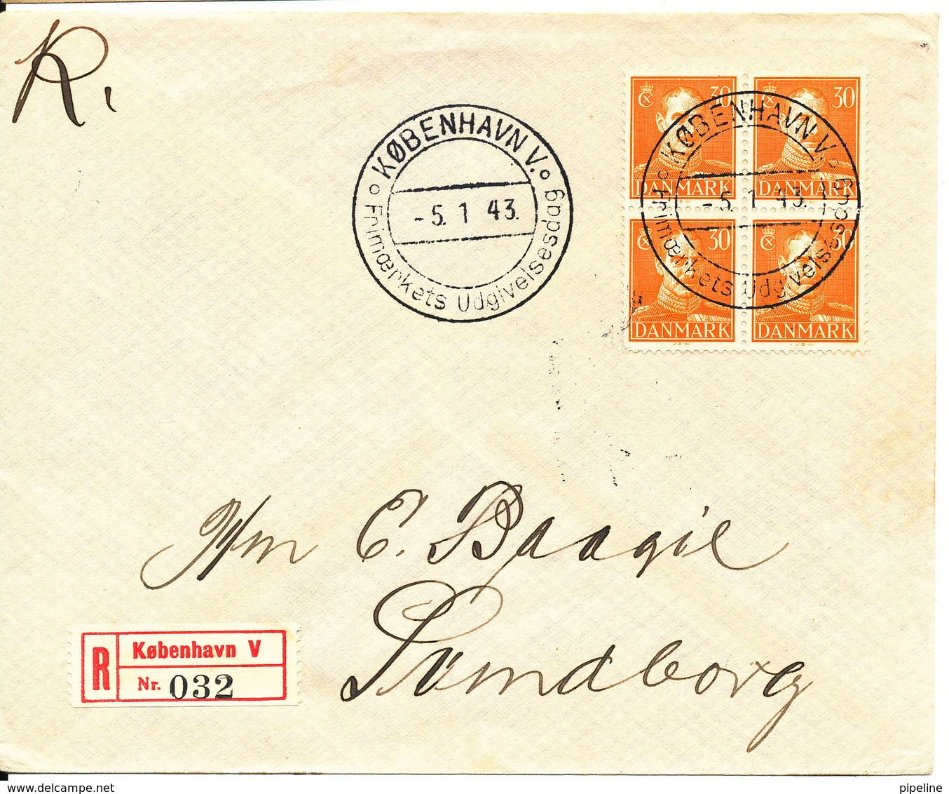 Denmark Registered FDC 5-1-1943 Chr.X 30 öre Orange In Block Of 4 With Address - FDC