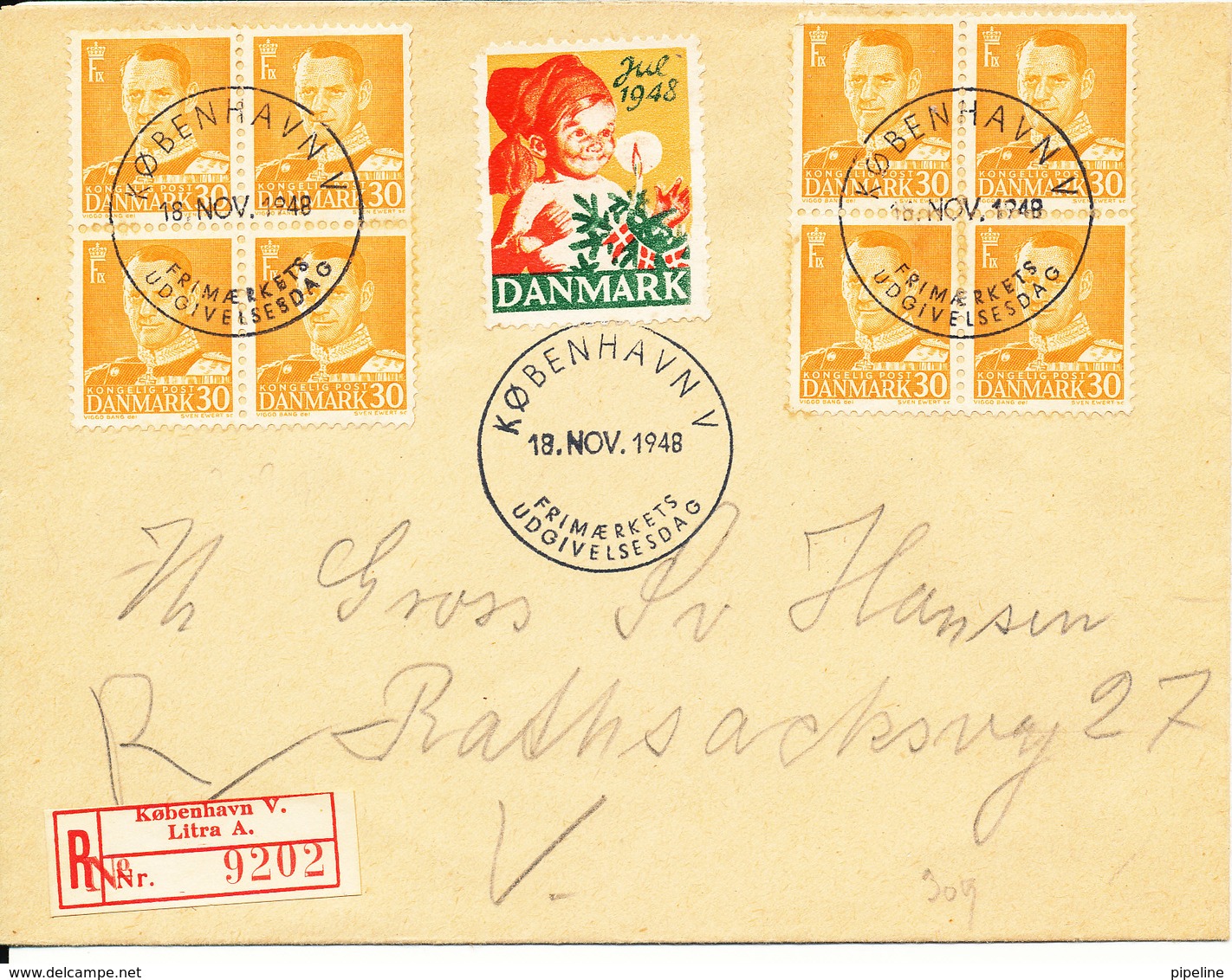 Denmark Registered FDC 18-11-1948 Frederik IX 30 öre Orange In Block Of 4 X 2 And A Christmas Seal 1948 - FDC