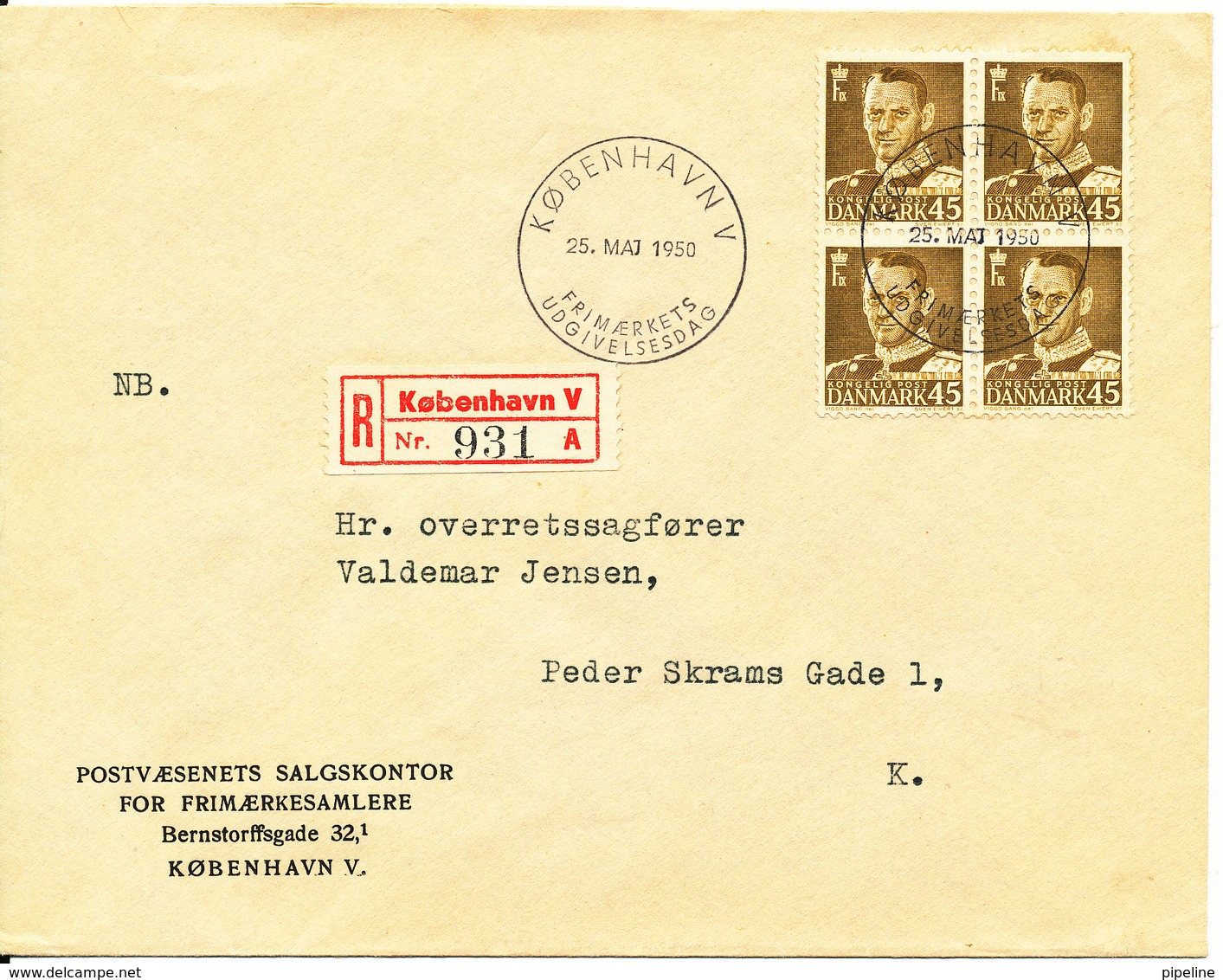 Denmark Registered FDC 25-5-1950 Frederik IX 45 öre Olive Brown In Block Of 4 - FDC