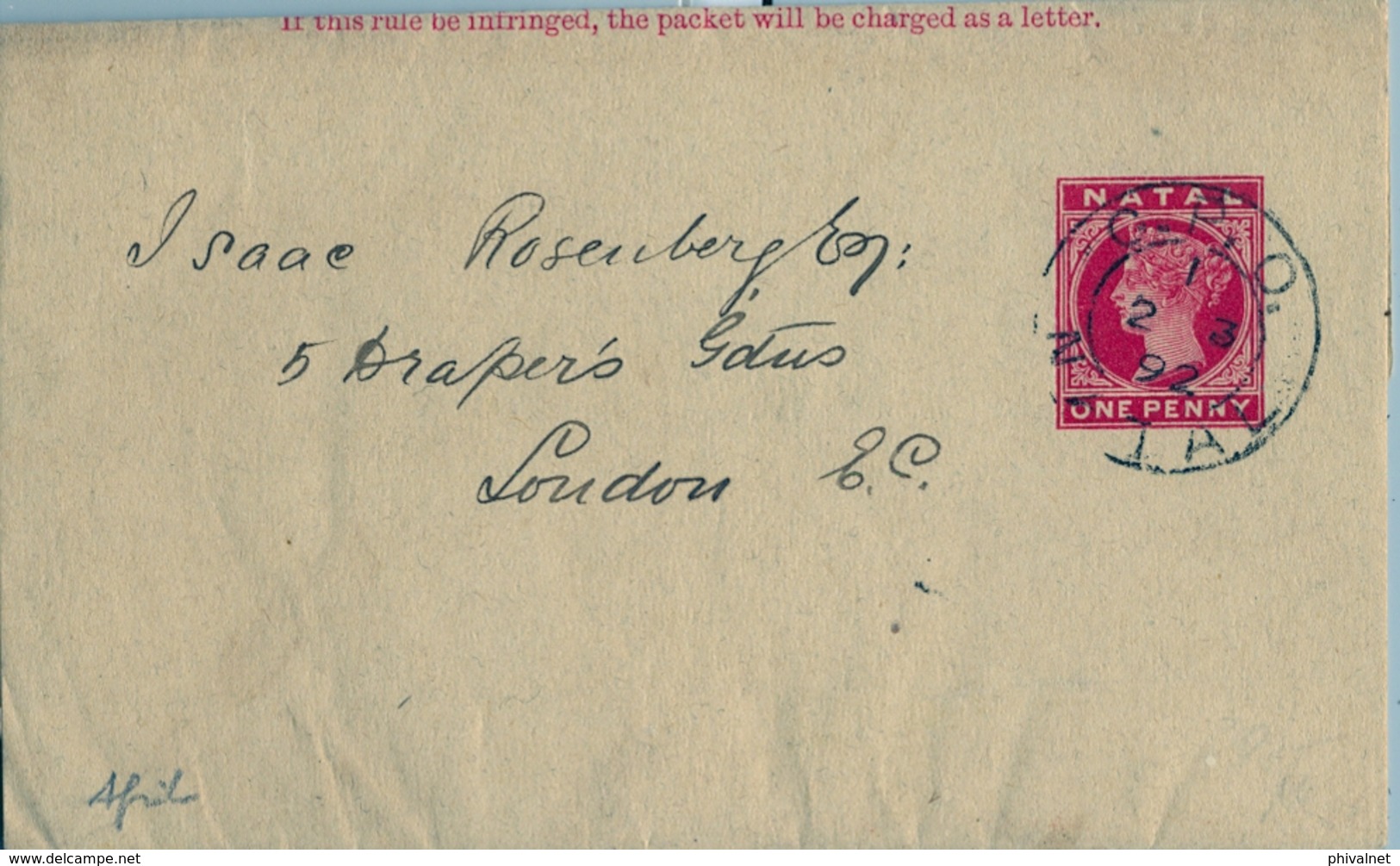 1892 NATAL , FAJA POSTAL PARA PRENSA CIRCULADA A LONDRES , MAT. " G.P.O. / NATAL " - Natal (1857-1909)