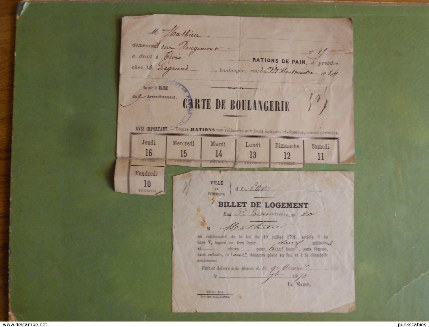 2 DOCUMENTS GUERRE 1870 BILLET LOGEMENT PARIS Bd POISSONNIERE + CARTE BOULANGERIE RATIONS DE PAIN FAUBOURG MONTMARTRE - Documents