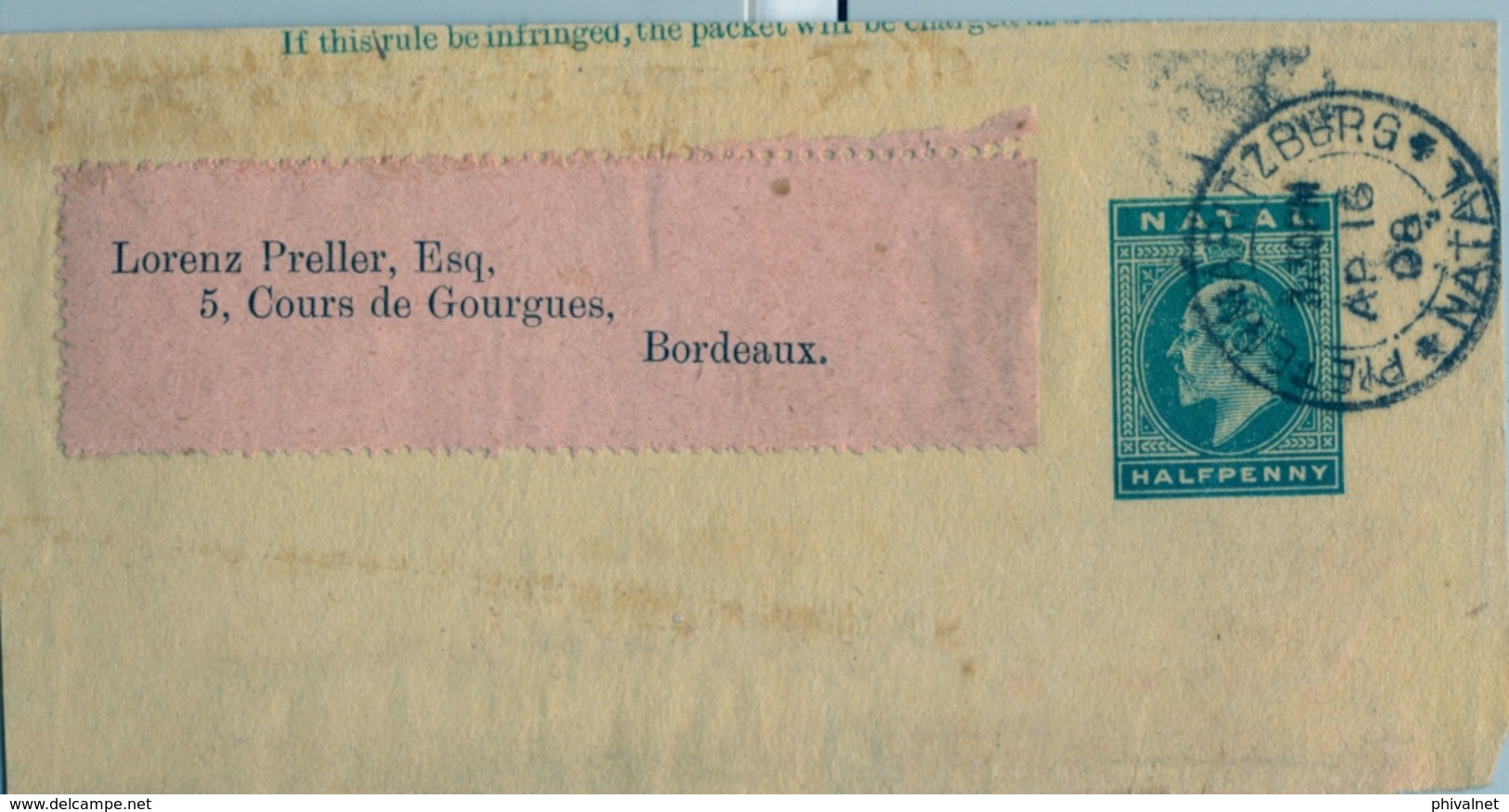 1908 NATAL , ENVUELTA DE FAJA POSTAL PARA PRENSA CIRCULADA, PIETERMARITZBURG - BORDEAUX - Natal (1857-1909)