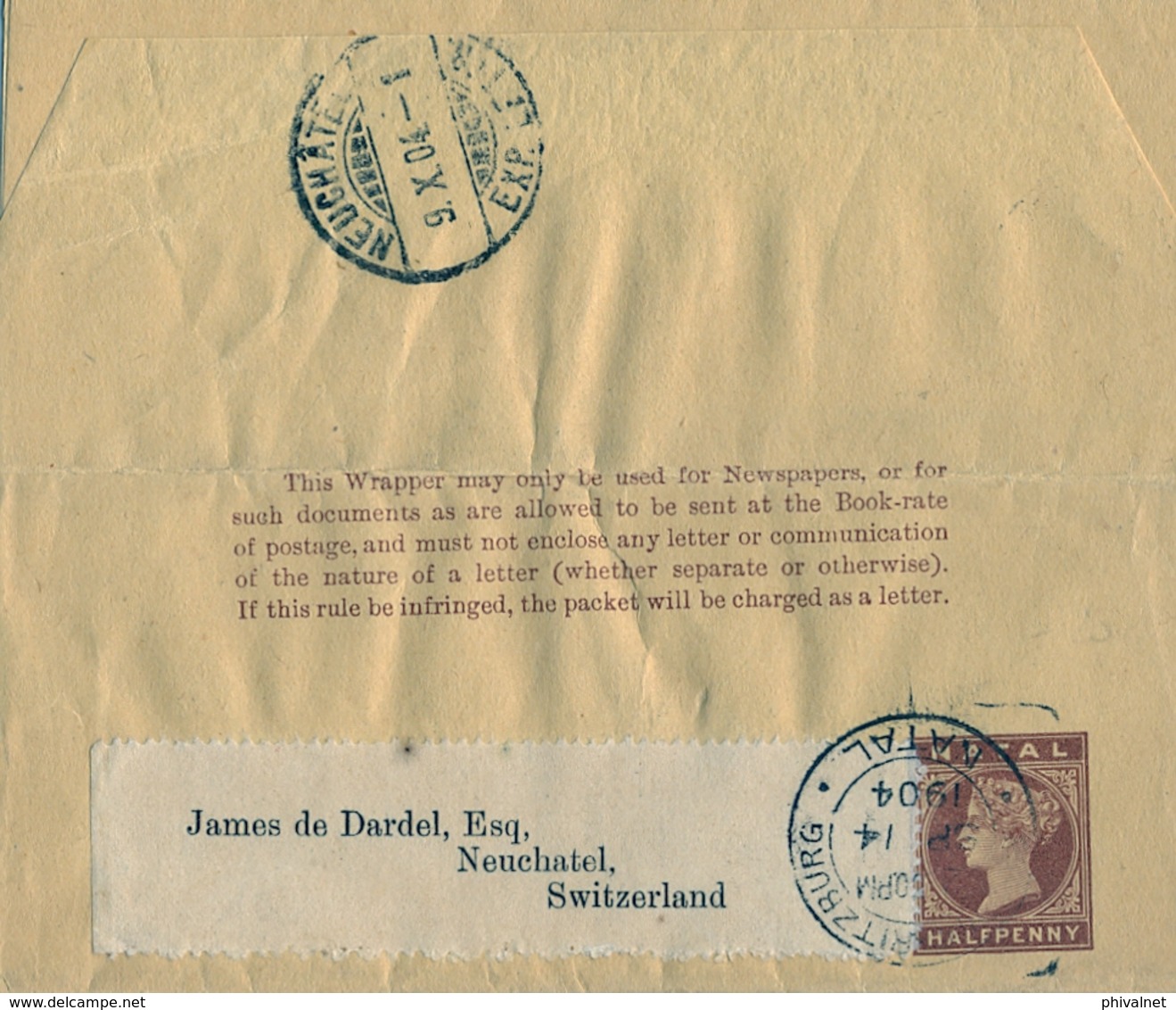 1904 NATAL ,  FAJA POSTAL PARA PRENSA CIRCULADA, PIETERMARITZBURG - NEUCHATEL , LLEGADA - Natal (1857-1909)